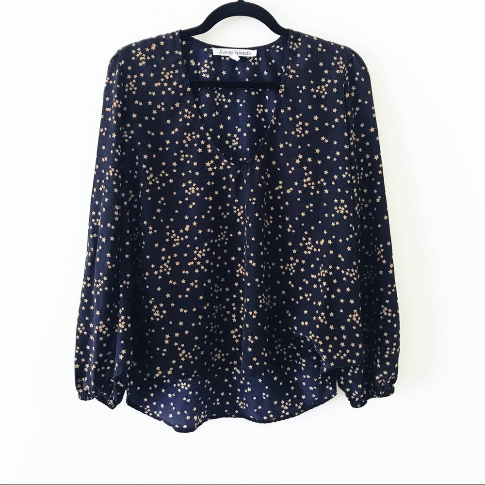 Lovers + Friends Navy Star Print Long Sleeve Blouse